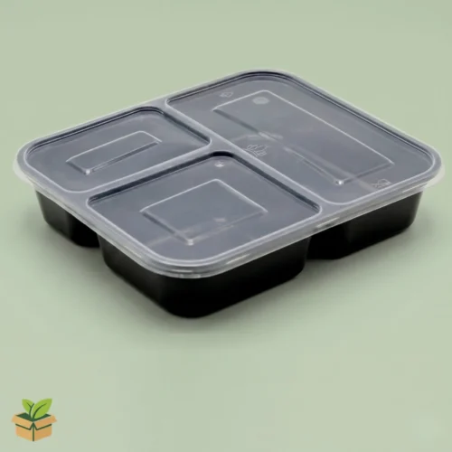 3 Compartment Black Plastic Meal Tray with Clear Snap Lid