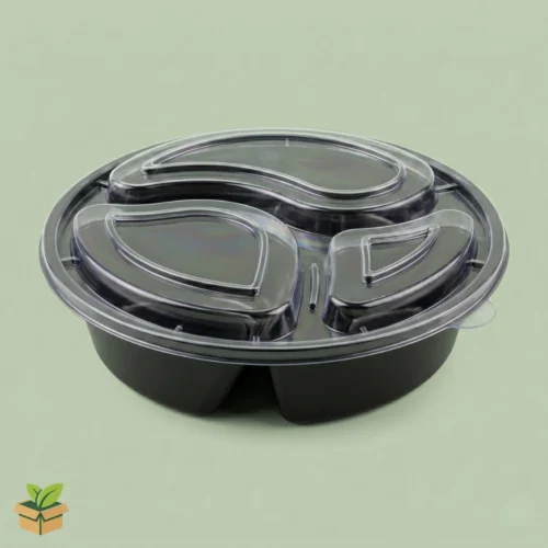 Round 3 Compartment Black Disposable Meal Tray with Clear Snap Lid