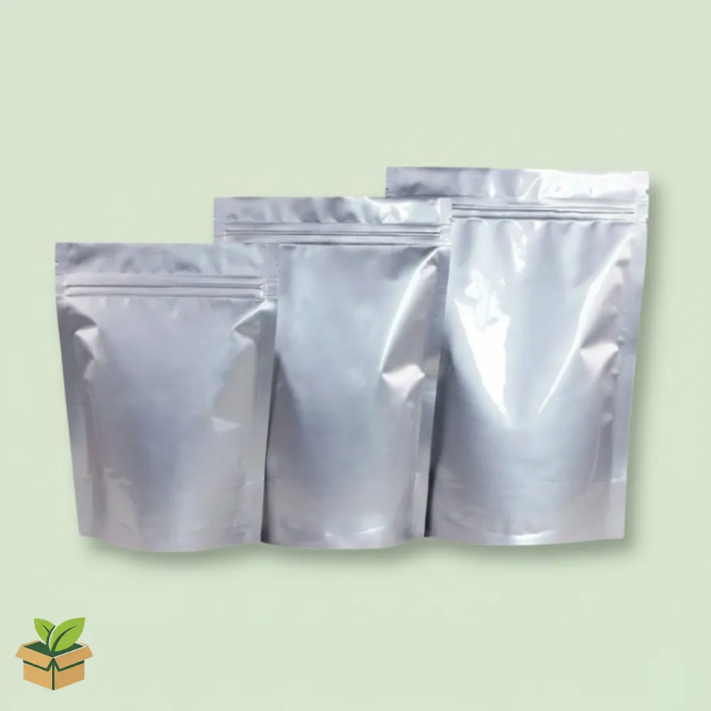 Silver Aluminium Foil Stand‑Up Zipper Pouches