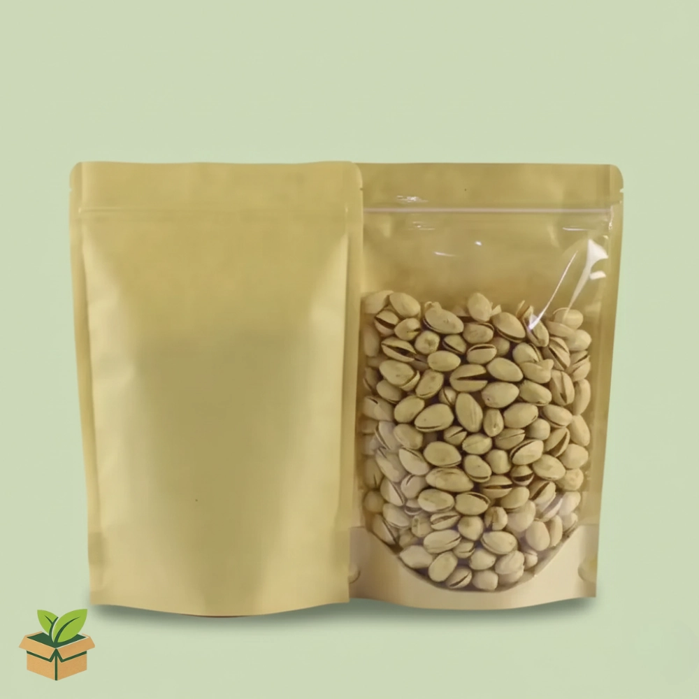 Brown Kraft Stand‑Up Bag with Clear Front (Zipper, Resealable)