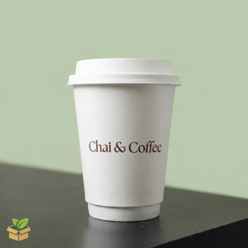 Custom white double wall coffee cup with branded Chai & Coffee logo print and matching white lid