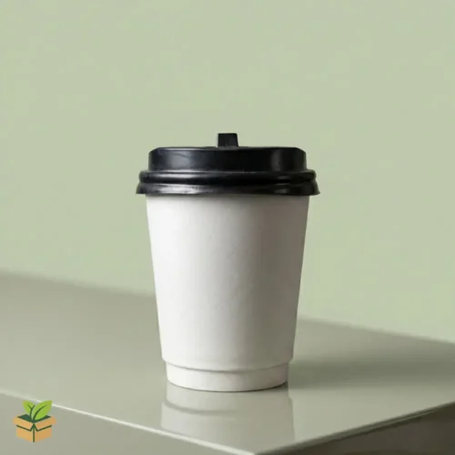 White Double Wall Coffee Cup with Black Lid on Green Background