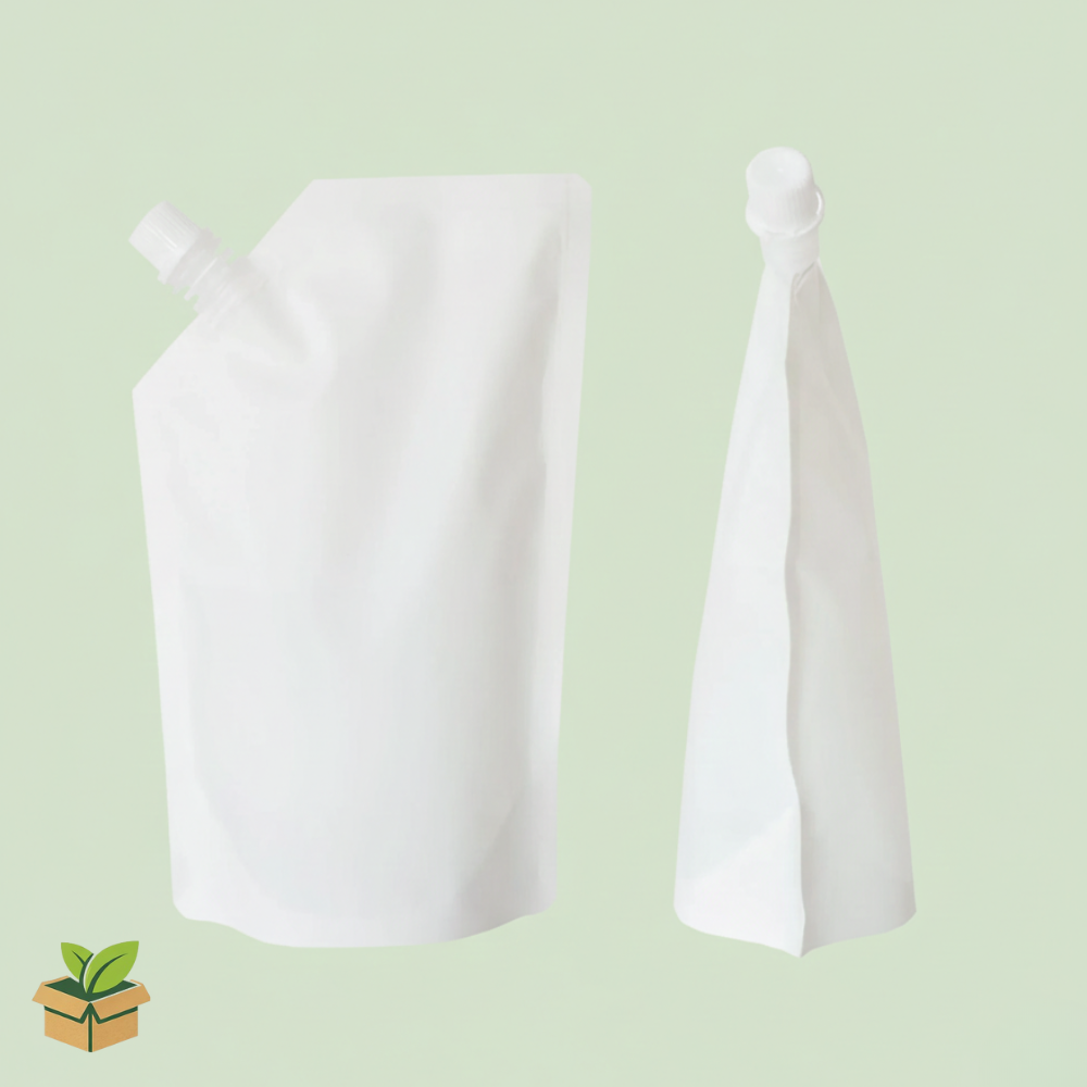 White matte stand‑up spout pouch with side screw spout cap on a light background.