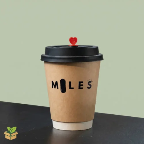 Brown kraft double wall coffee cup with black lid and red heart stopper