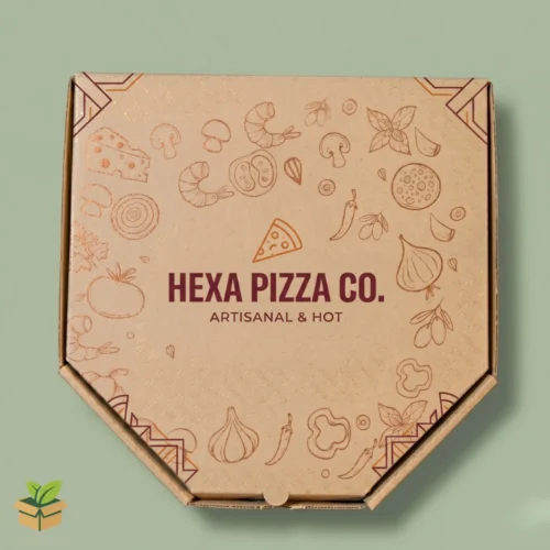 Square Pizza Box – Kraft Brown Illustrated Artisanal Pizza Packaging with Ingredient Print