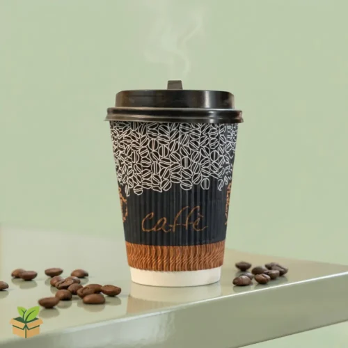 insulated ripple double wall paper coffee cup with black lid and coffee bean design