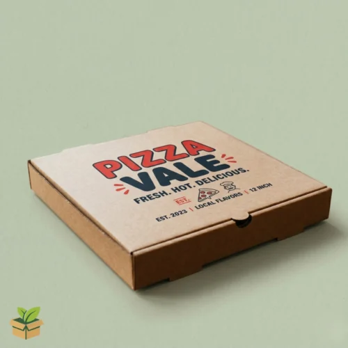 Square kraft corrugated pizza box with custom Pizza Vale branding on sage green background