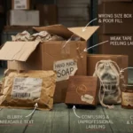 Common packaging mistakes small businesses make including wrong size box, poor labeling, weak tape, blurry text, and cheap branding