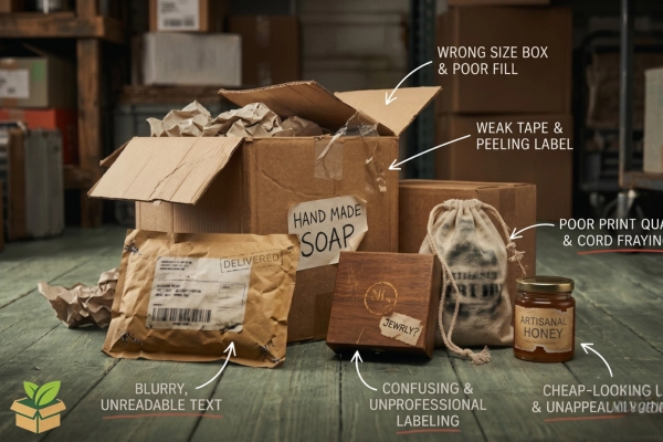 Common packaging mistakes small businesses make including wrong size box, poor labeling, weak tape, blurry text, and cheap branding
