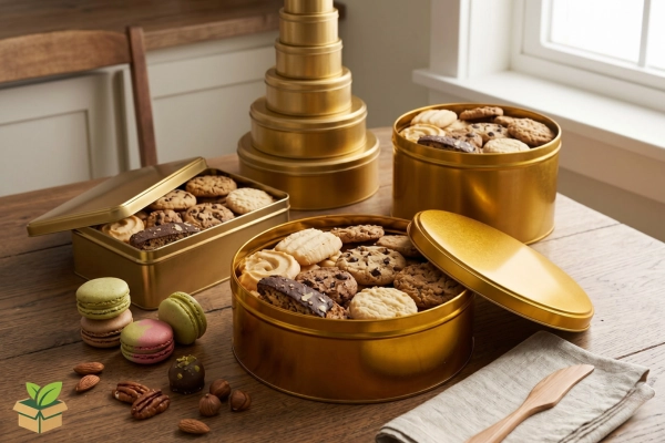 Tin Box for Cookie Packaging – Golden Round & Rectangular Cookie Tins