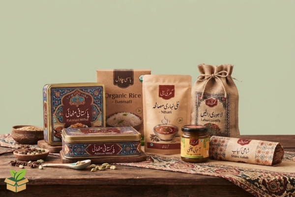 Traditional Pakistani Food Packaging — Mithai Tin, Kraft Pouches & Organic Rice Bags