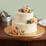Two Tier White Fondant Cake on Gold Cake Board with Rose Decoration